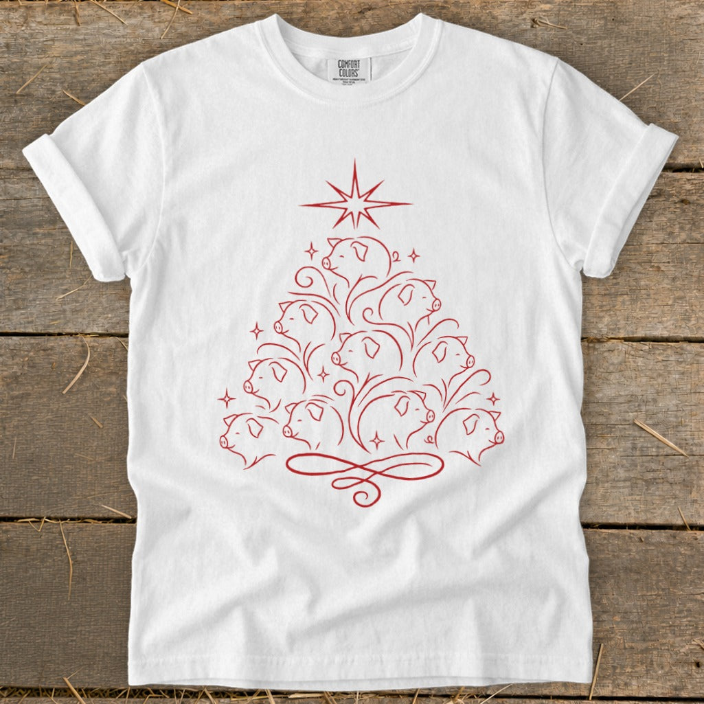 White t-shirt with a red line art Christmas tree made of pigs.