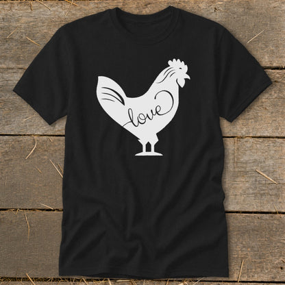 Black t-shirt with a white silhouette of a chicken containing the word "love".