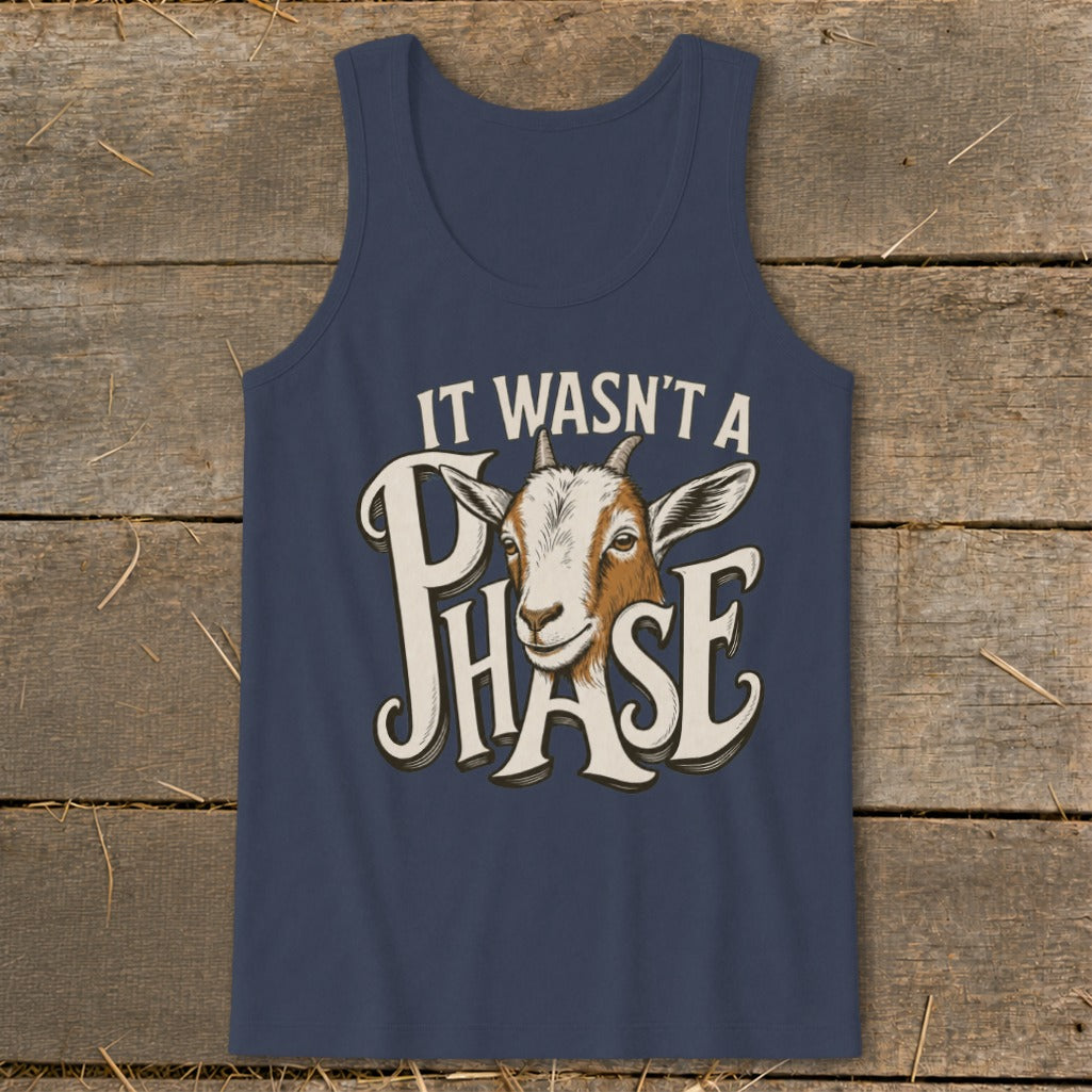 Navy tank top with a goat's head and text "IT WASN'T A PHASE".