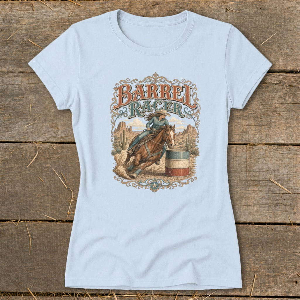 Barrel racer on horse speeds around barrel in desert landscape, with text "BARREL RACER".