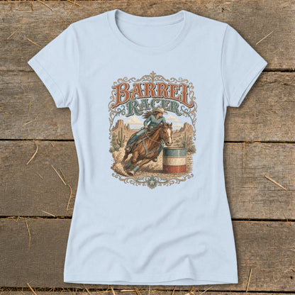 Barrel racer on horse speeds around barrel in desert landscape, with text "BARREL RACER".