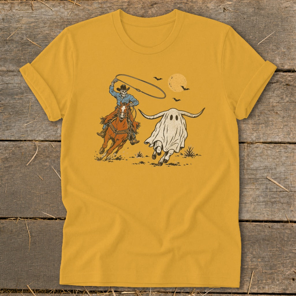 Skeleton cowboy on horseback lassoing a ghost with bull horns and bats.