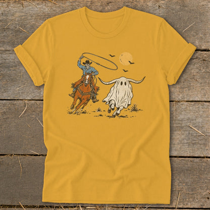 Skeleton cowboy on horseback lassoing a ghost with bull horns and bats.