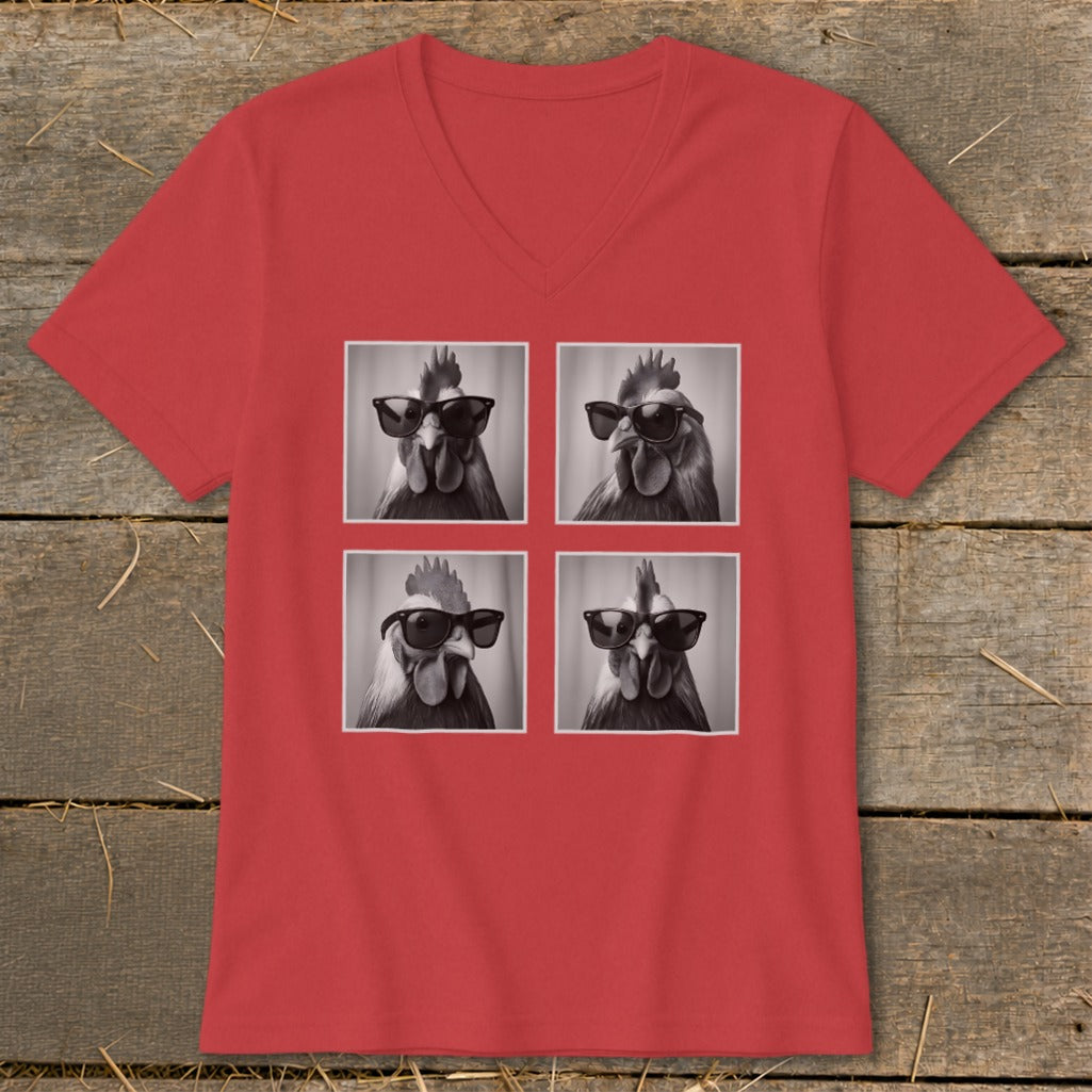 Red t-shirt with four black and white photos of roosters wearing sunglasses.