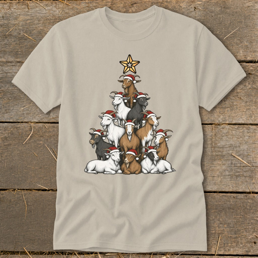 T-shirt with a pyramid of goats wearing Santa hats, topped with a star.
