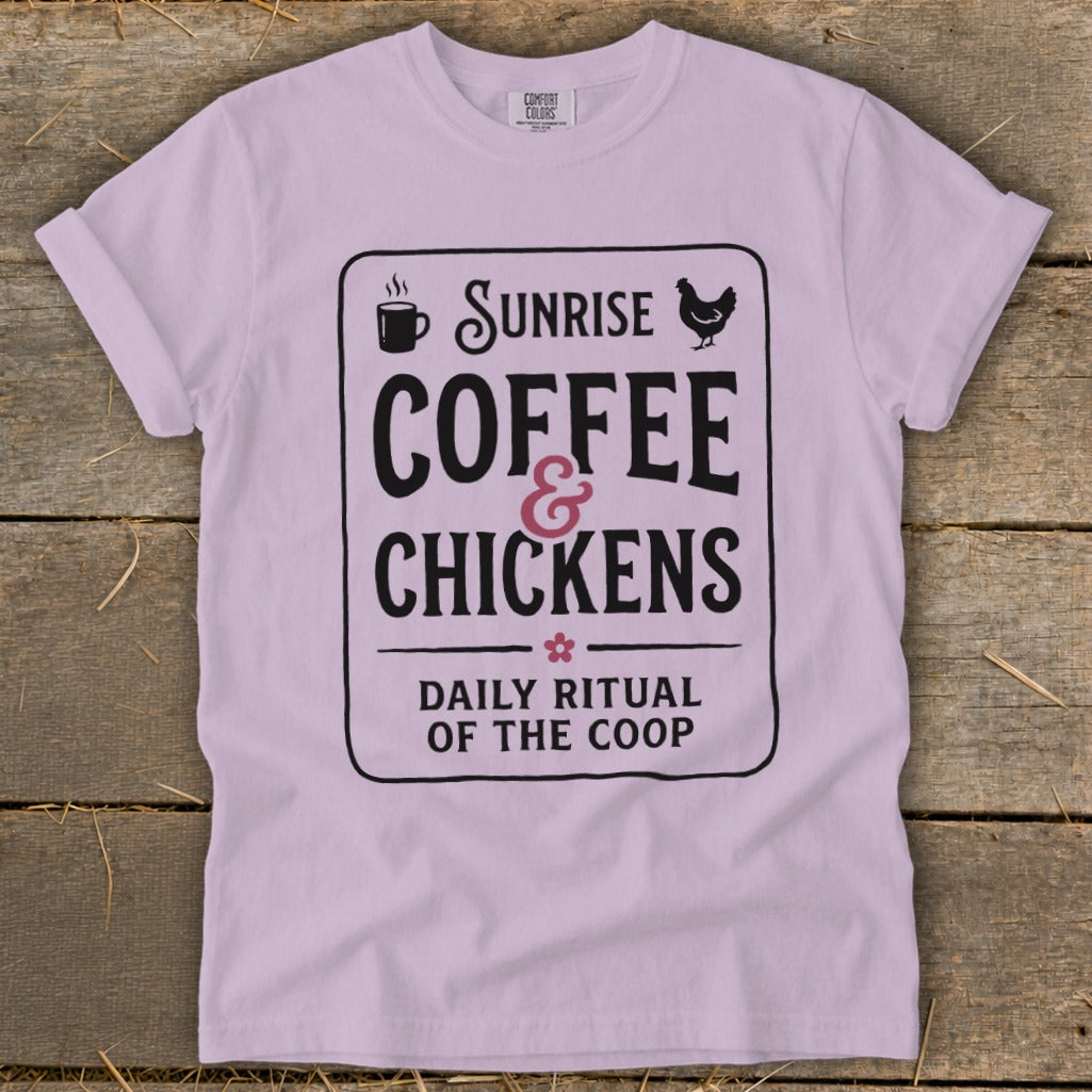 Light purple t-shirt with "Sunrise Coffee & Chickens Daily Ritual of the Coop" graphic.