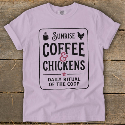 Light purple t-shirt with "Sunrise Coffee & Chickens Daily Ritual of the Coop" graphic.