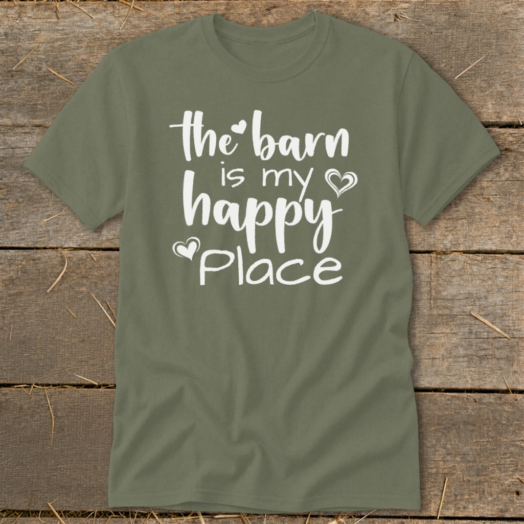 Olive green t-shirt with white text reading "the barn is my happy place".