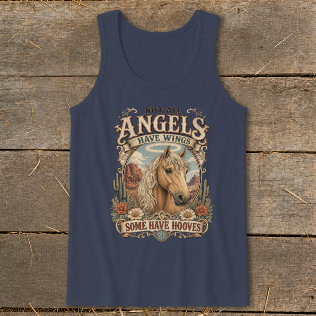 Tank top with horse and desert scene, "Not All Angels Have Wings Some Have Hooves" text.