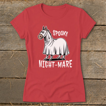 Horse in a sheet costume with text "Spooky Night-Mare" on red shirt.