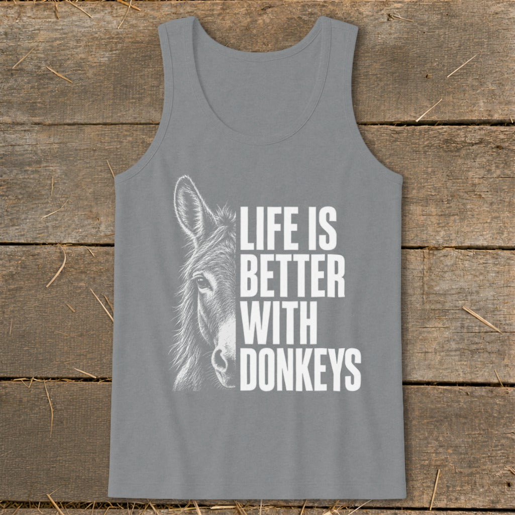 Grey tank top with a white donkey illustration and text: "Life is better with donkeys."