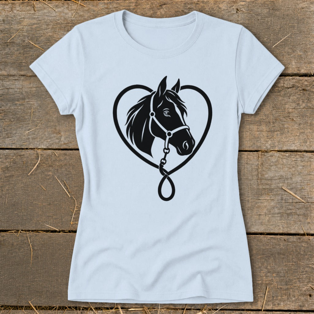 Light blue women's t-shirt featuring a black graphic of a horse head inside a heart outline.