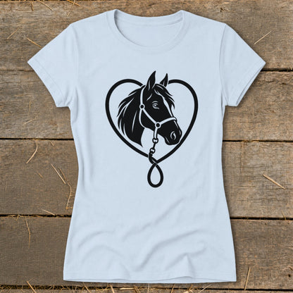 Light blue women's t-shirt featuring a black graphic of a horse head inside a heart outline.