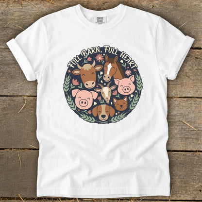 White t-shirt with circular farm animal graphic and text "FULL BARN, FULL HEART."
