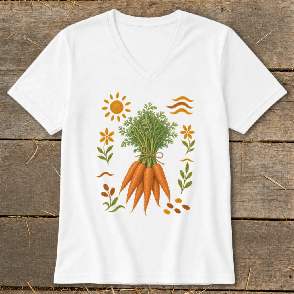 White t-shirt with a graphic of a bunch of carrots surrounded by decorative elements.