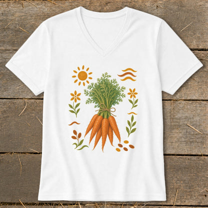 White t-shirt with a graphic of a bunch of carrots surrounded by decorative elements.