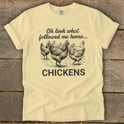 Light yellow t-shirt with "Oh look what followed me home..." and chickens graphic.