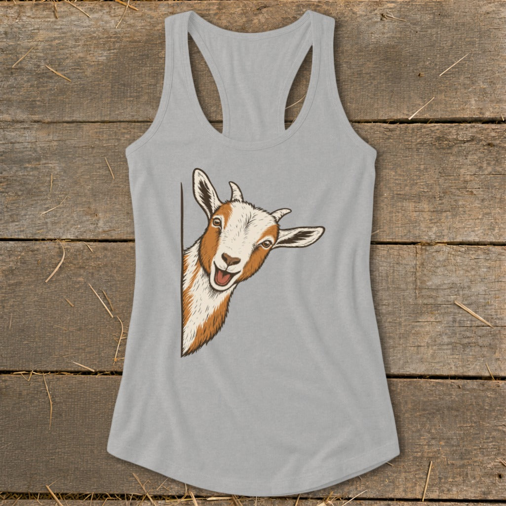 Gray tank top with a brown and white goat peeking from the side.