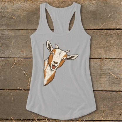 Gray tank top with a brown and white goat peeking from the side.