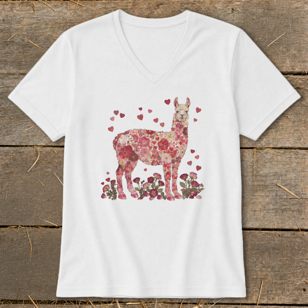 White V-neck t-shirt with a floral llama and hearts design.
