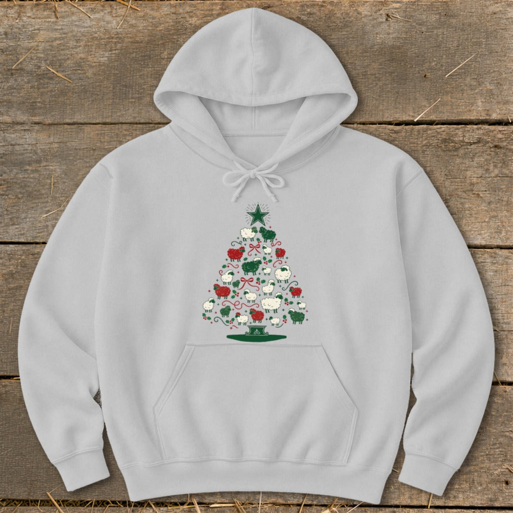 Gray hoodie with a Christmas tree made of sheep and festive decorations.