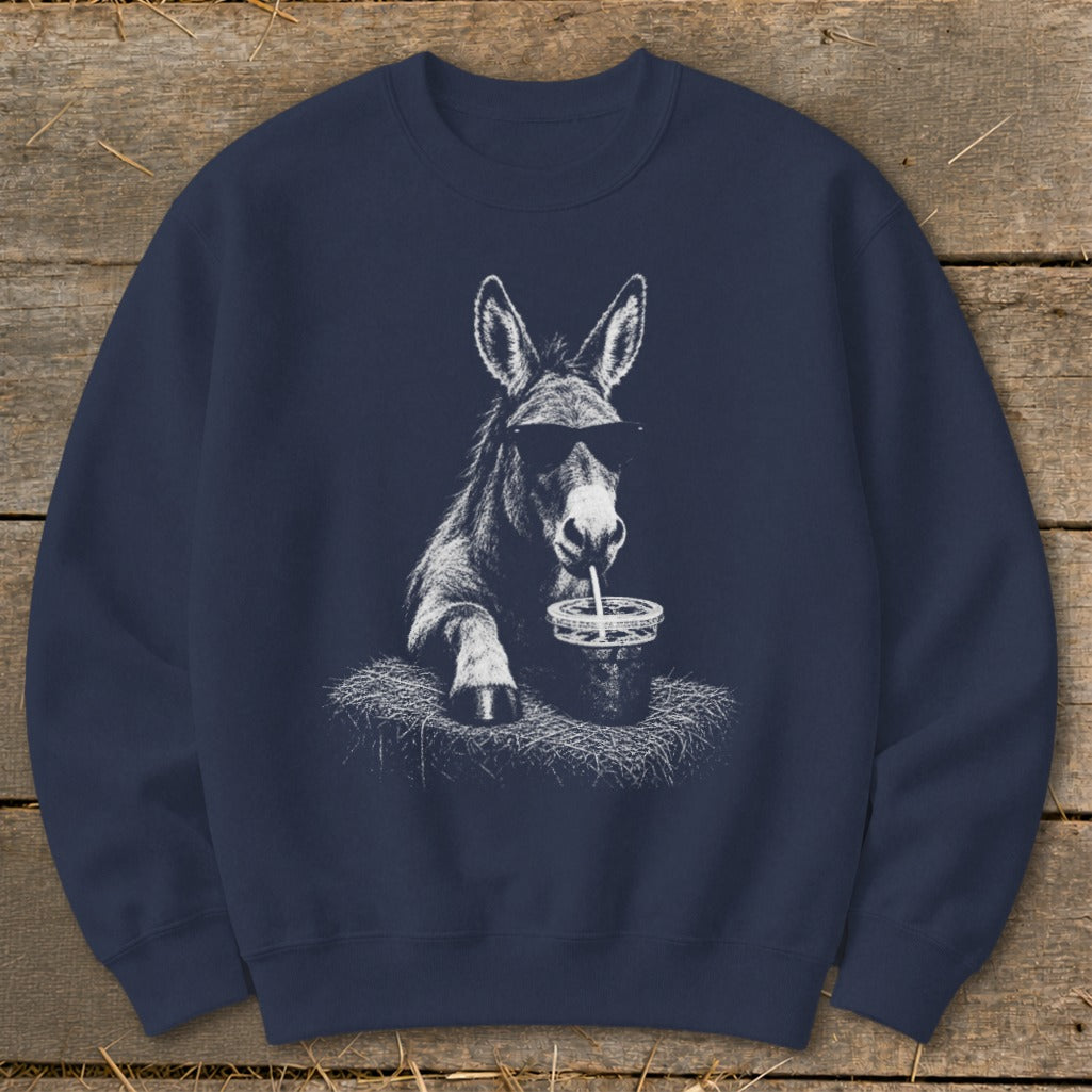 Navy sweatshirt with a white graphic of a donkey wearing sunglasses drinking a beverage.