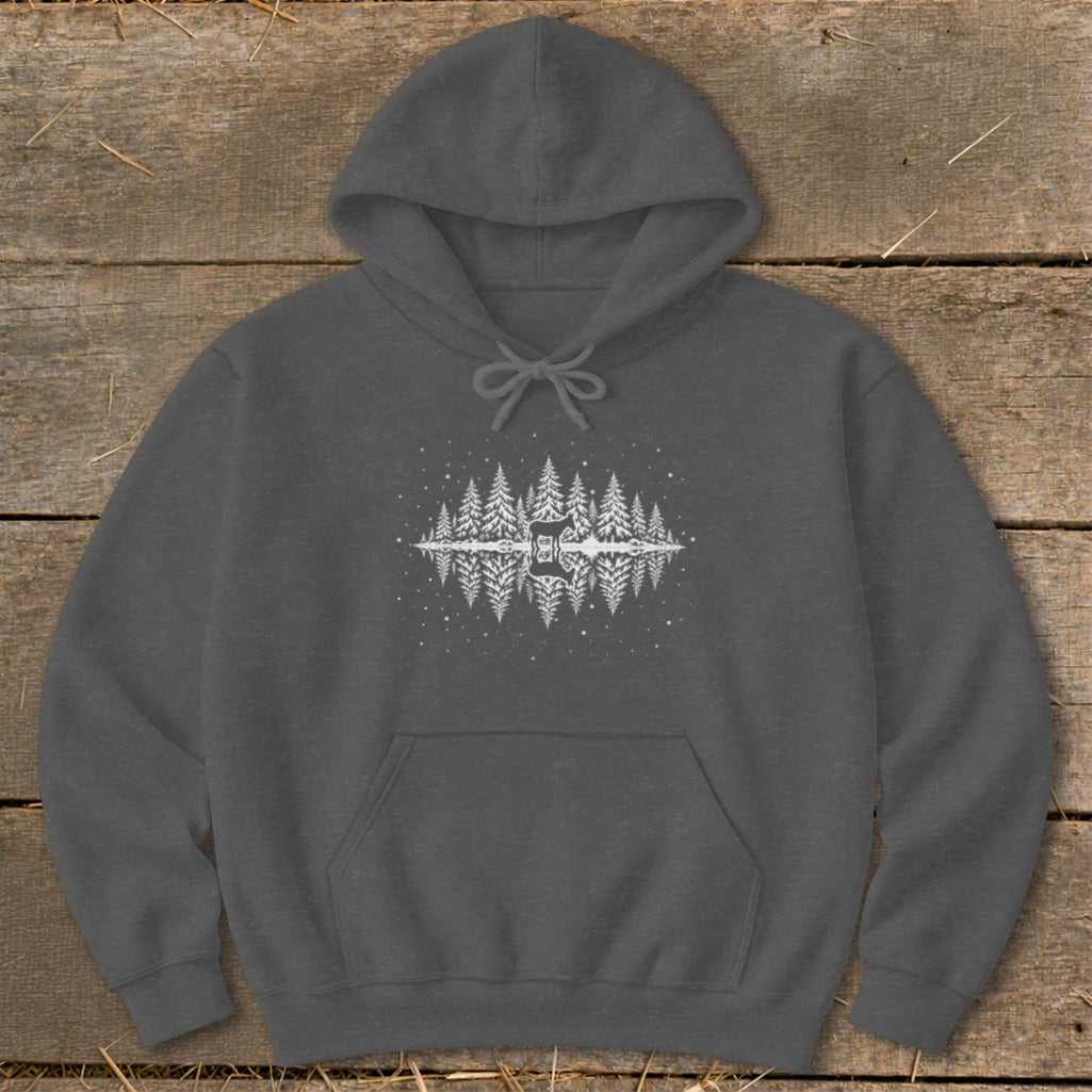 Dark gray hoodie with a white forest and reflection design.