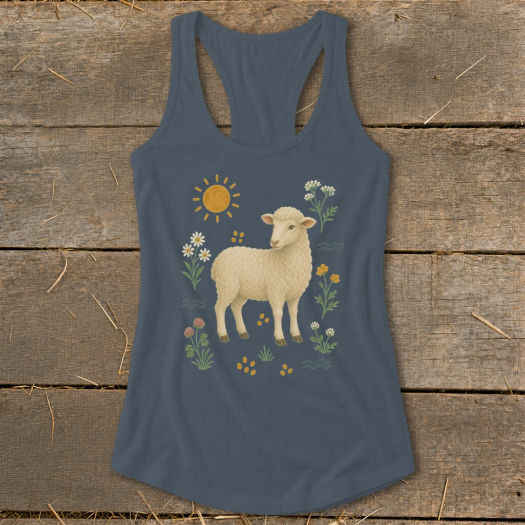 Sheep illustration with sun and flowers on a blue racerback tank top.