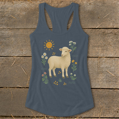 Sheep illustration with sun and flowers on a blue racerback tank top.