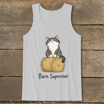 Gray tank top with a grumpy cat illustration sitting on a hay bale.