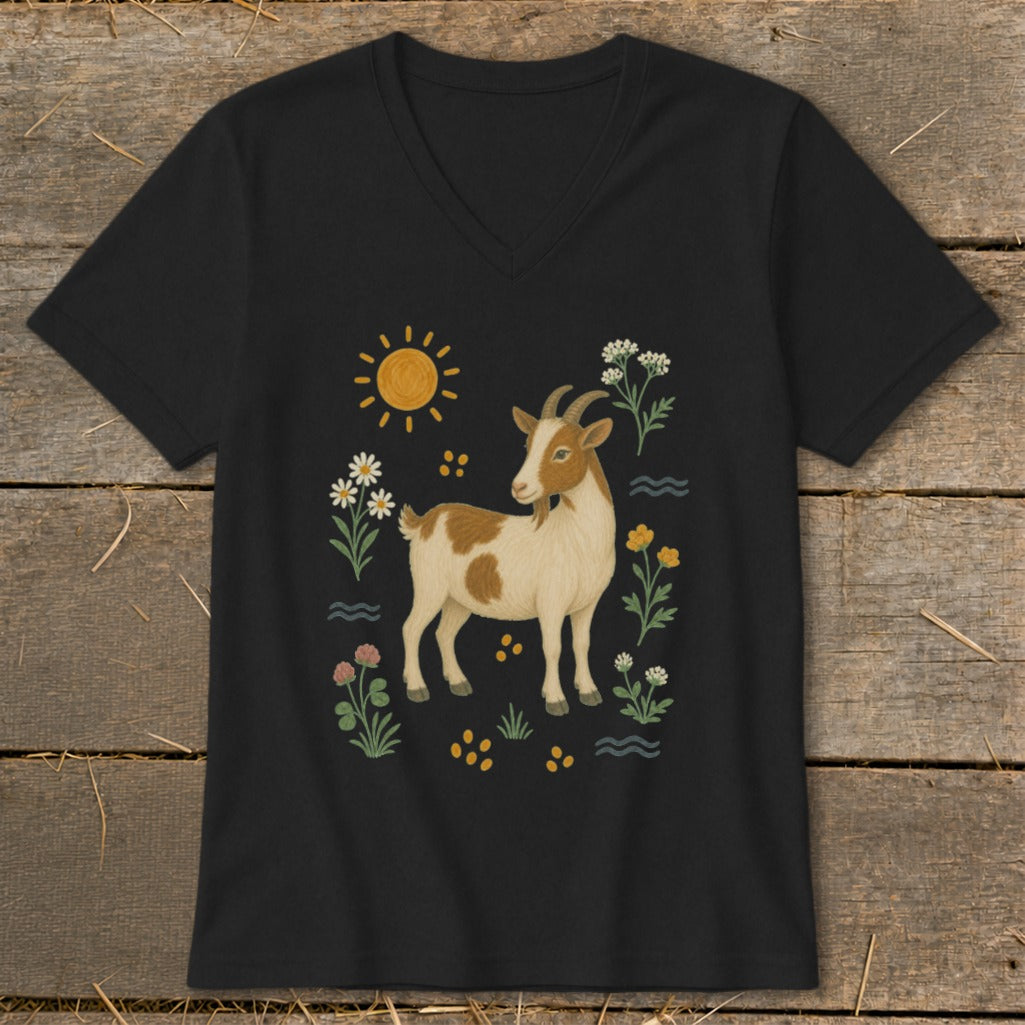 Black t-shirt with a brown and white goat illustration and floral designs.