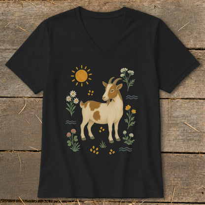 Black t-shirt with a brown and white goat illustration and floral designs.