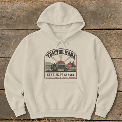 Cream hoodie with "Tractor Mama Sunrise to Sunset" graphic featuring a tractor and barn.