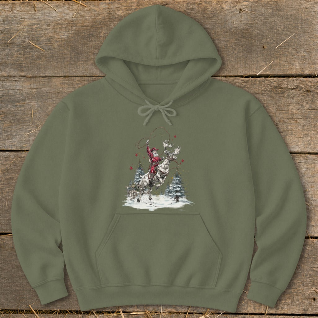 Santa Claus rides a reindeer through a snowy landscape, lassoing in the air.