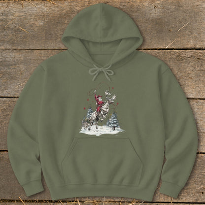 Santa Claus rides a reindeer through a snowy landscape, lassoing in the air.