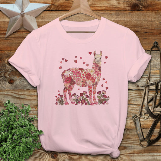 Floral Alpaca Design Pink T-Shirt for Animal Lovers