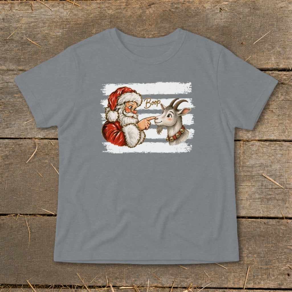 Santa Claus boops a goat's nose with text "Boop" on a gray t-shirt.