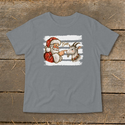 Santa Claus boops a goat's nose with text "Boop" on a gray t-shirt.