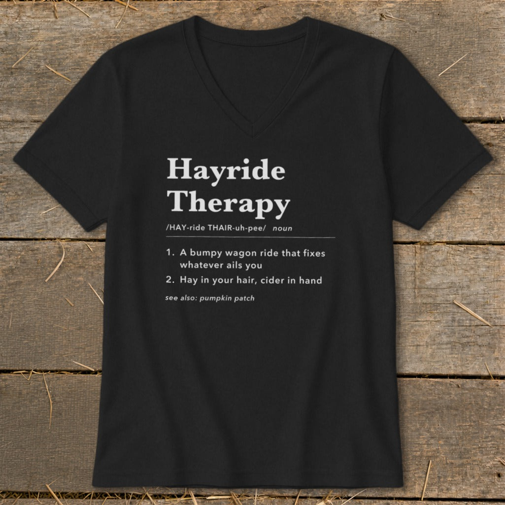 Black t-shirt with "Hayride Therapy" definition text in white.
