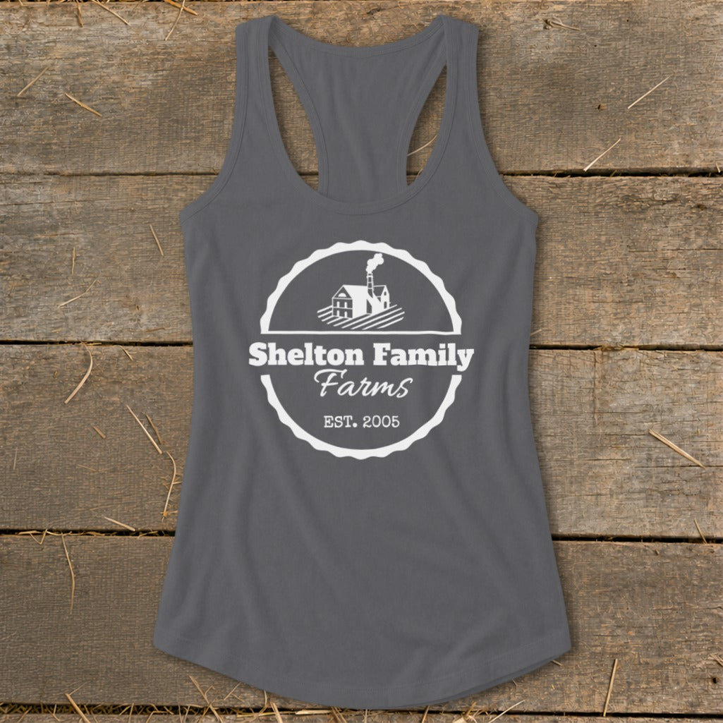 Gray tank top with white Shelton Family Farms logo and establishment date.