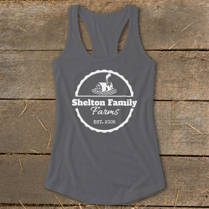 Gray tank top with white Shelton Family Farms logo and establishment date.