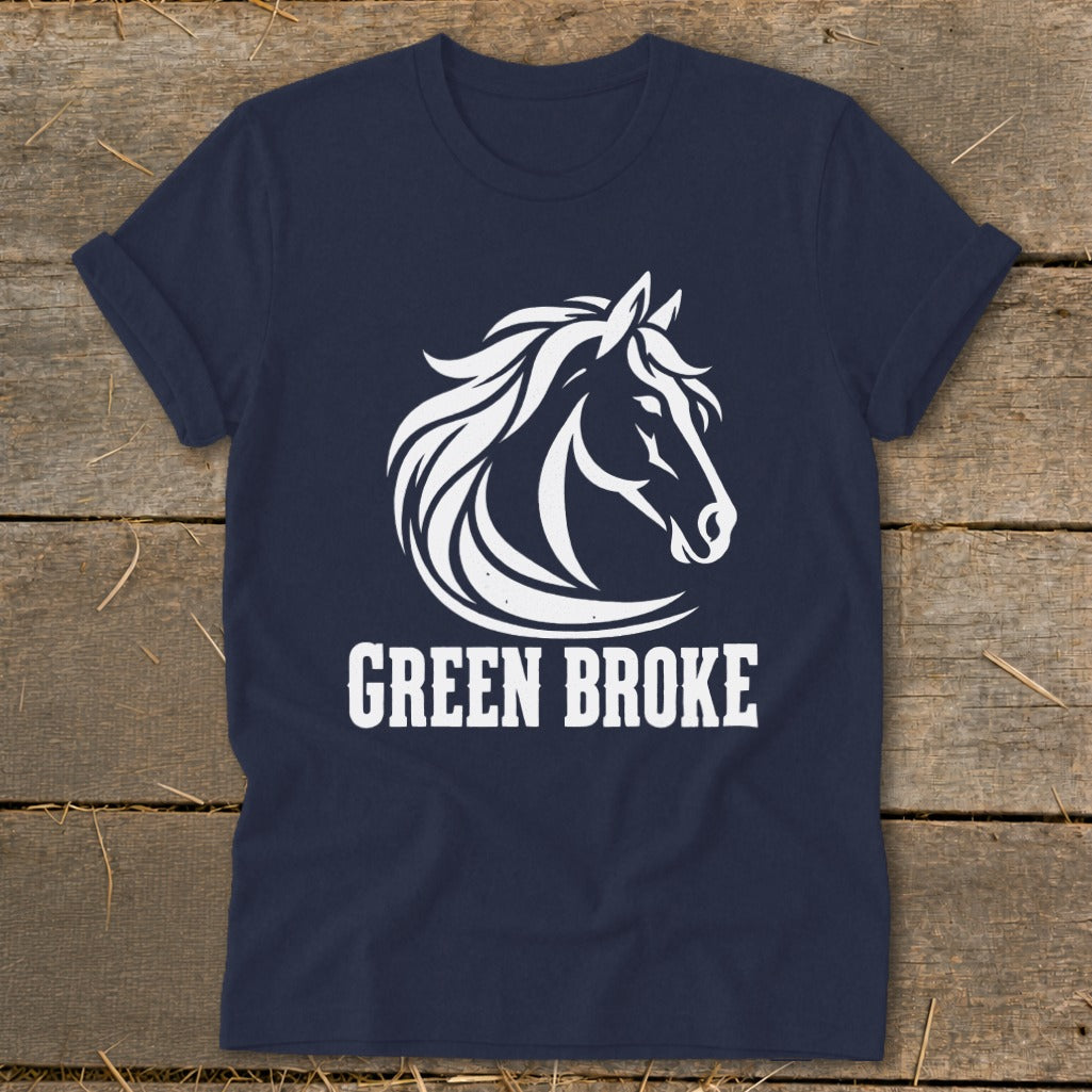 A navy blue t-shirt featuring a white horse head graphic and the text GREEN BROKE.