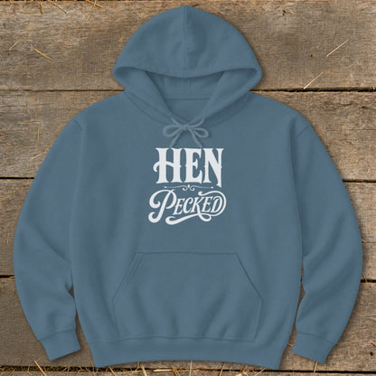 Blue hooded sweatshirt with white "HEN Pecked" text.
