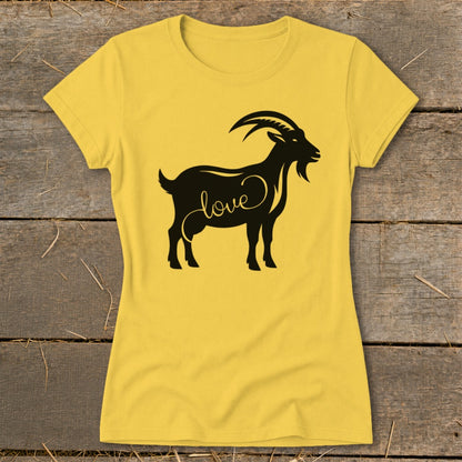 Yellow t-shirt with a black goat silhouette featuring the word "love" on its side.