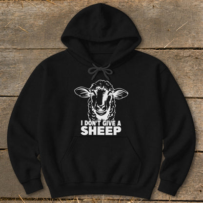 Black hoodie with a white graphic of a sheep's head and the text "I DON'T GIVE A SHEEP".