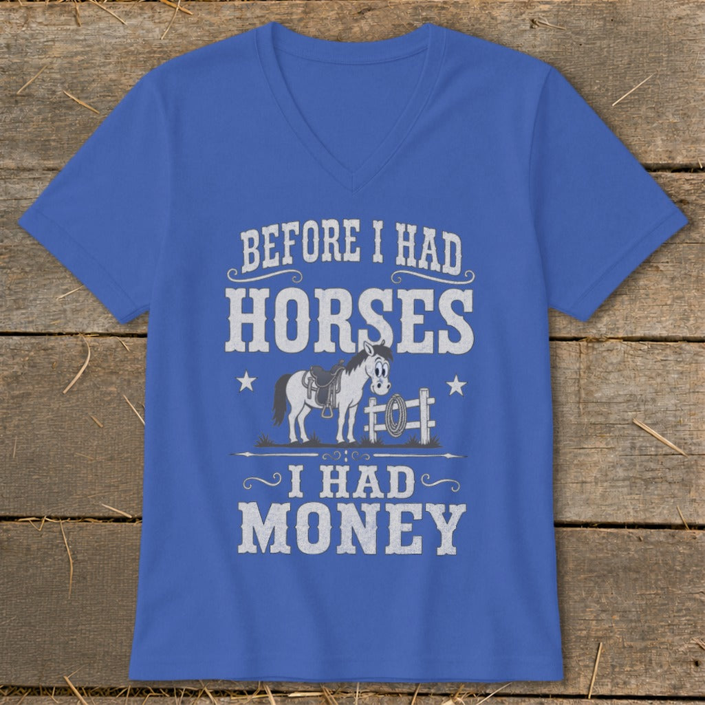 Blue t-shirt with "Before I Had Horses, I Had Money" text and cartoon horse.