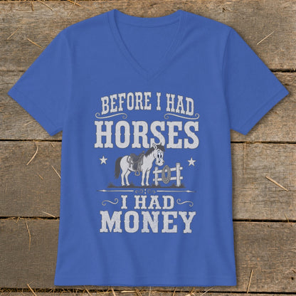 Blue t-shirt with "Before I Had Horses, I Had Money" text and cartoon horse.