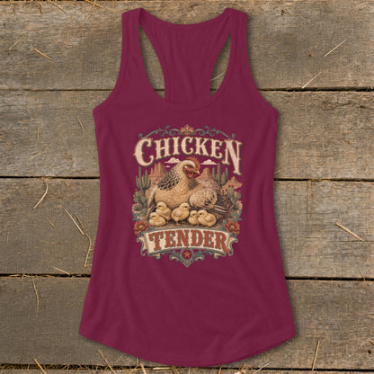 Maroon tank top with "Chicken Tender" graphic of hen and chicks in desert setting.