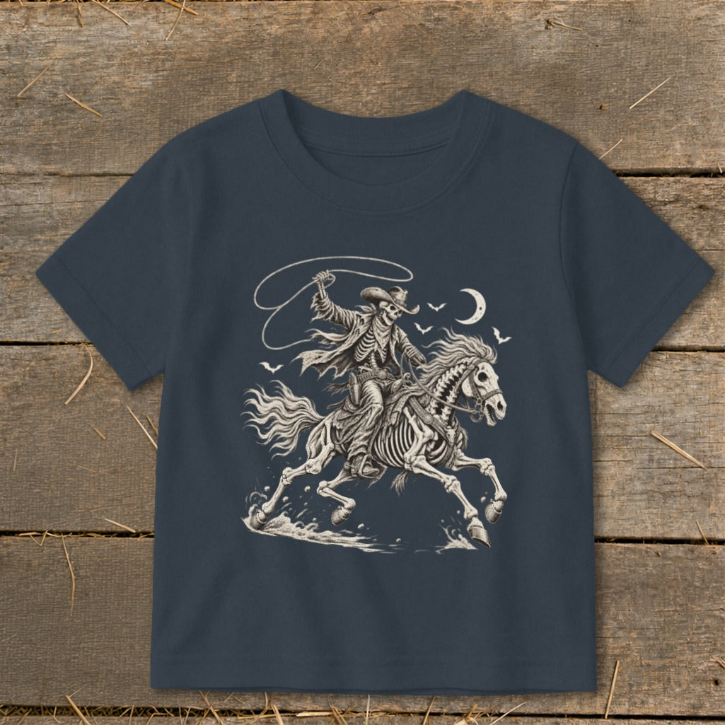 Skeleton cowboy on horseback with lasso against moonlit sky.