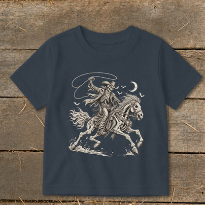 Skeleton cowboy on horseback with lasso against moonlit sky.